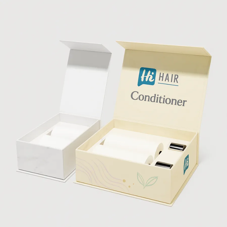 Two premium rigid gift boxes opened to reveal custom inserts holding white conditioner bottles and accessories- class=